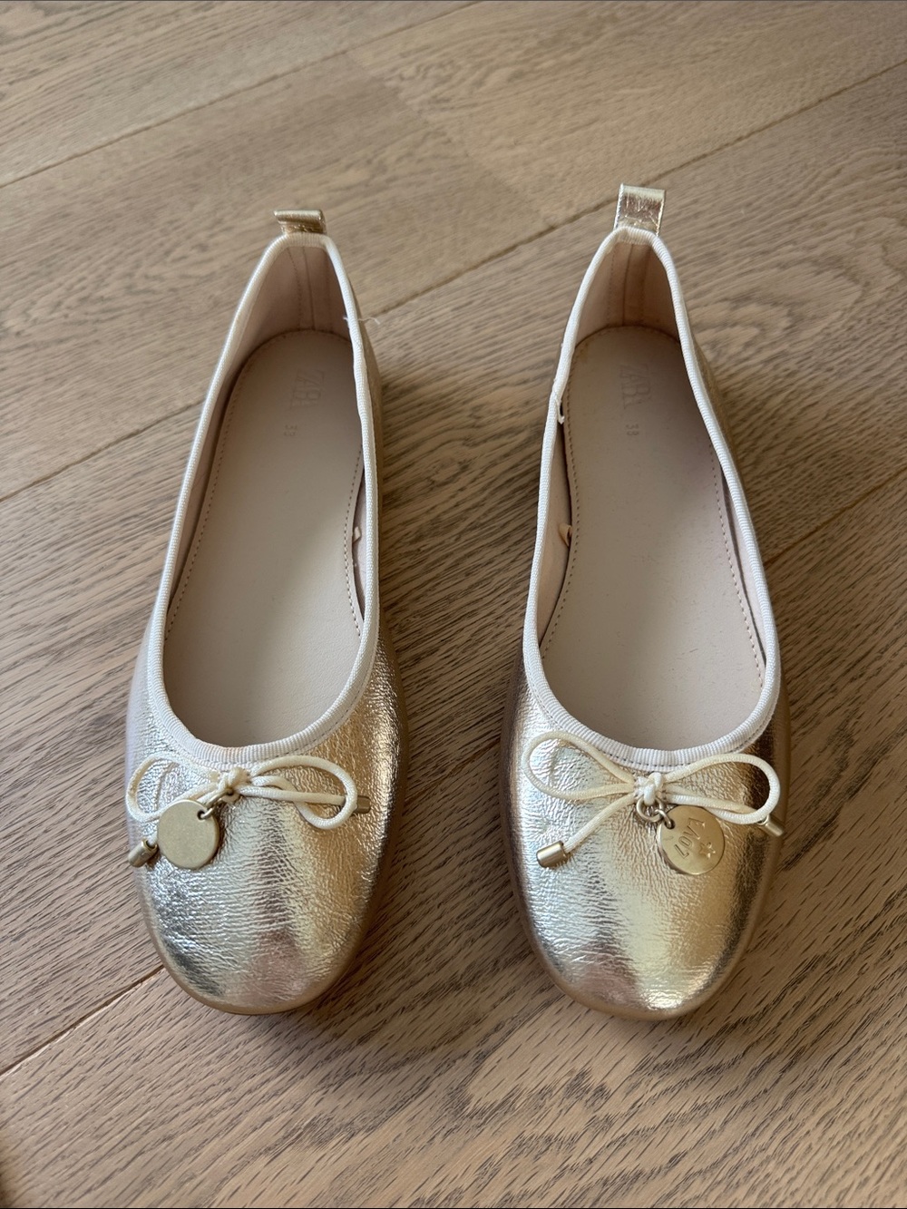 ZARA Metallic Gold Ballet Flats with Bow Accent